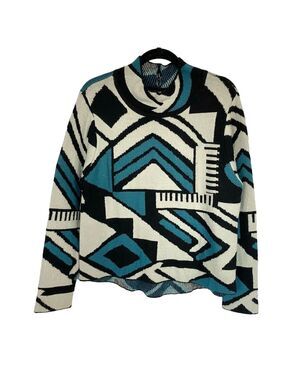 Vintage Y2K 90s knit Dad sweater geometric retro black blue Mock Neck Men’s M